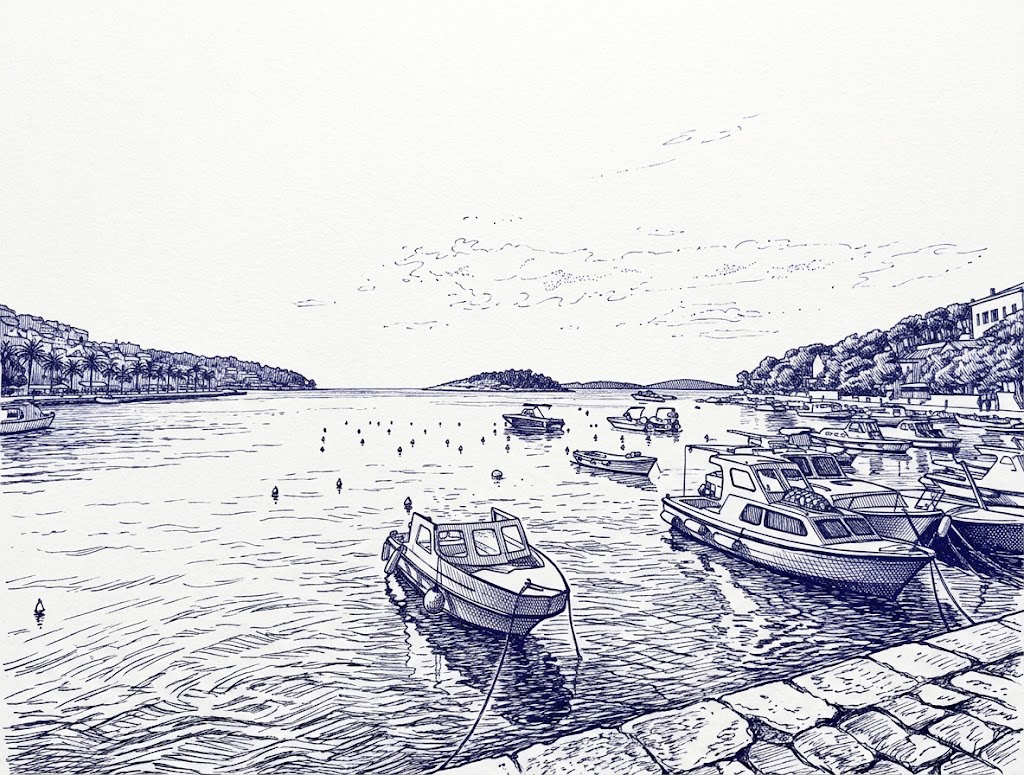 The Hvar harbour and moored boats seen from the waterfront