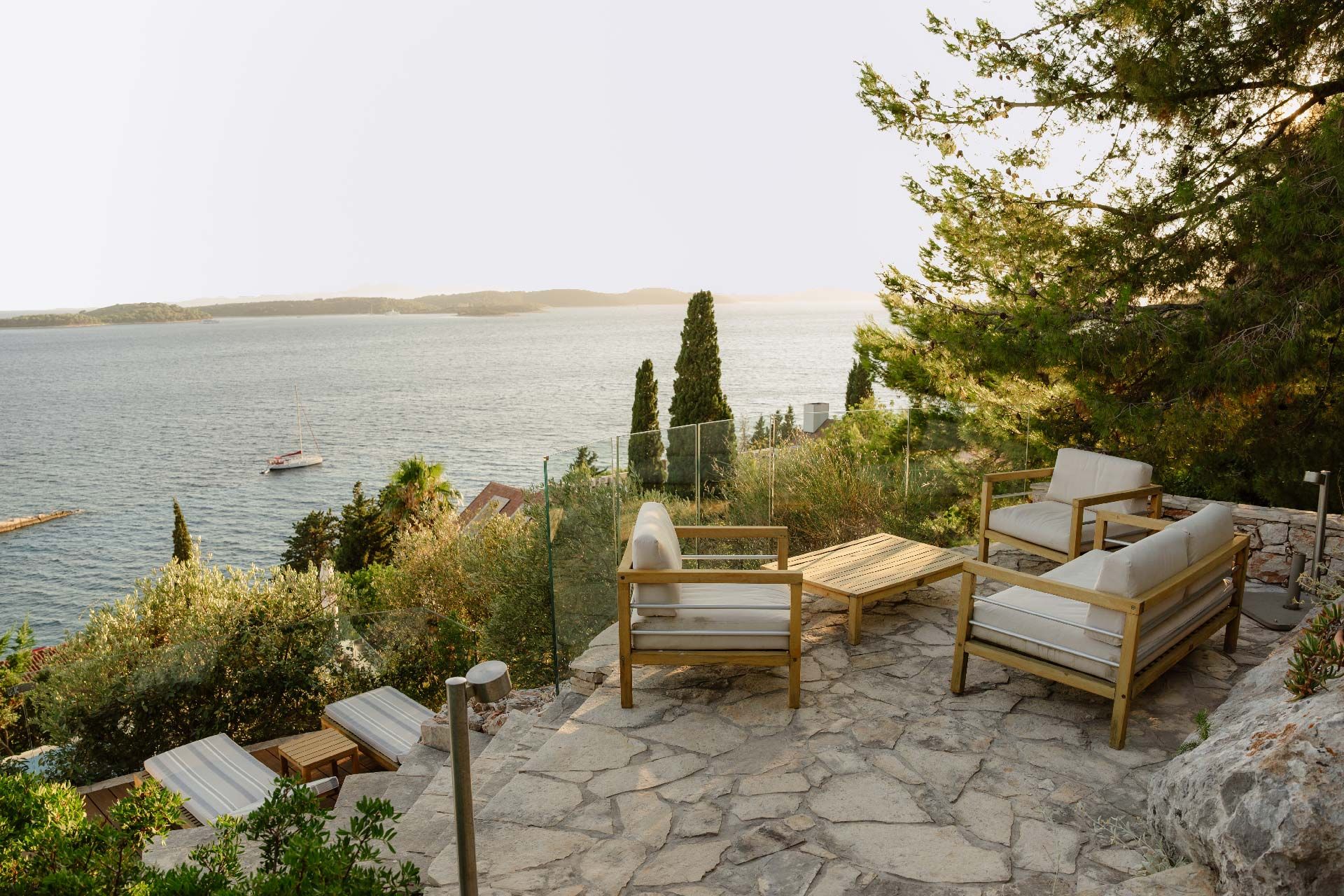 Hillside terrace with panoramic Adriatic views at Villa del Mar, Hvar